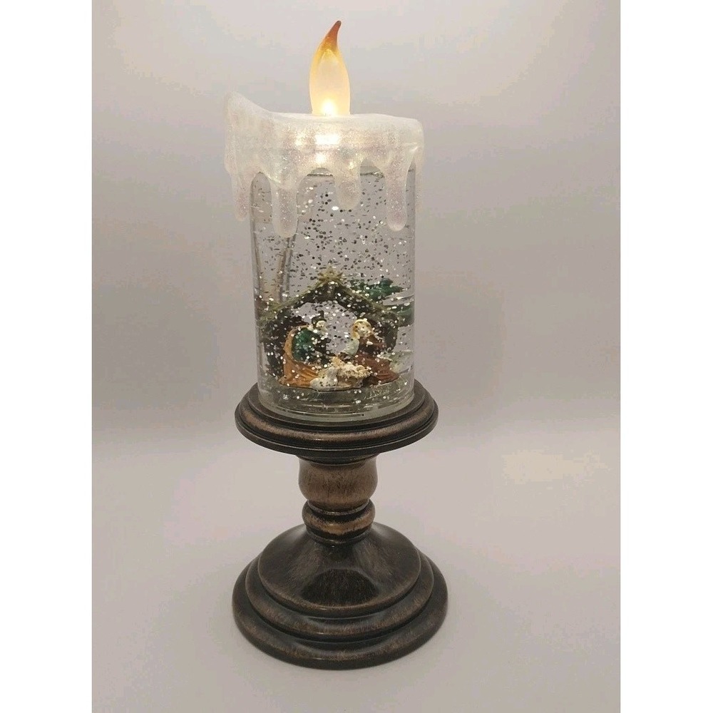 Christmas Nativity 10.5" Snow Globe Holy Family Glitter Swirl LED Flicker Candle